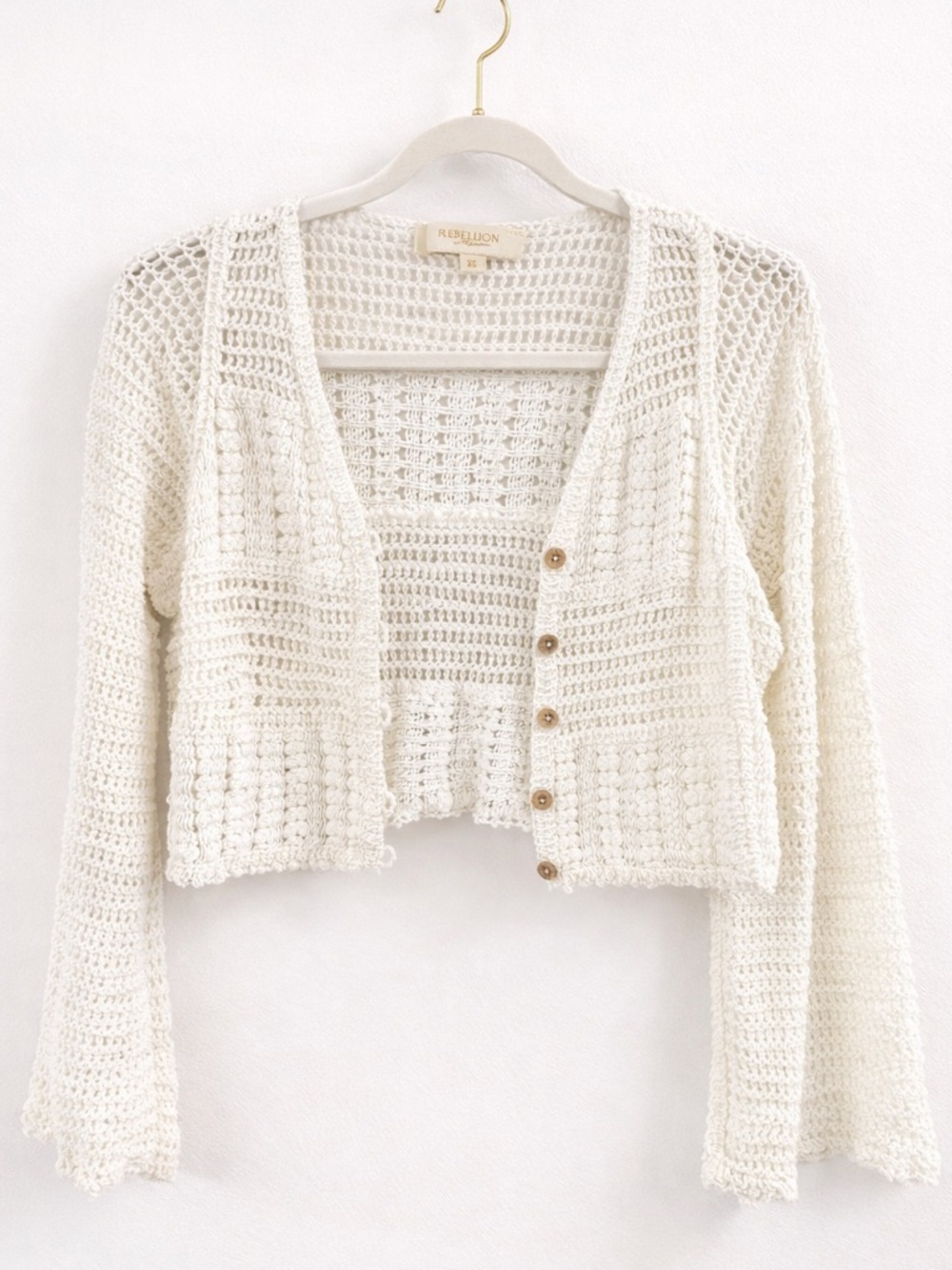Rebellion Cream Open-Knit Cropped Cardigan